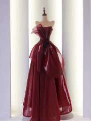Pretty Ball Gown Strapless Burgundy Organza Long Length Evening Dress Prom Dresses SD2778