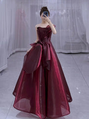 Pretty Ball Gown Strapless Burgundy Organza Long Length Evening Dress Prom Dresses SD2778