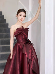 Pretty Ball Gown Strapless Burgundy Organza Long Length Evening Dress Prom Dresses SD2778