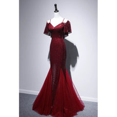 Pretty Mermaid Off The Shoulder Burgundy Sequin Long Evening Dress Prom Dresses SD2780