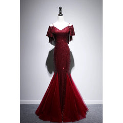 Pretty Mermaid Off The Shoulder Burgundy Sequin Long Evening Dress Prom Dresses SD2780