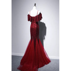 Pretty Mermaid Off The Shoulder Burgundy Sequin Long Evening Dress Prom Dresses SD2780