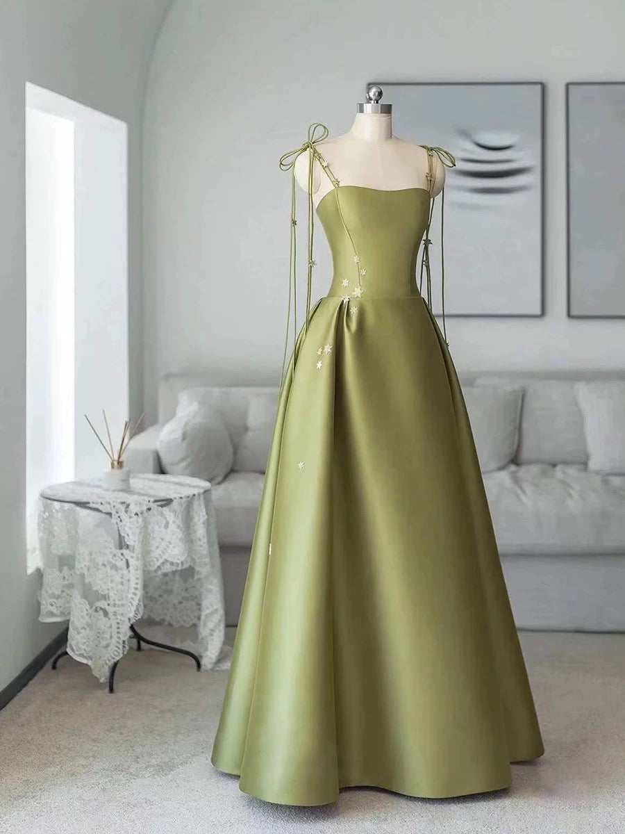 Pretty Ball Gown Straps Sage Green Satin Long Length Evening Dress Prom Dresses SD2781