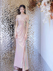 Pretty Mermaid Off The Shoulder Pink Sequin Long Evening Dress Prom Dresses SD2782