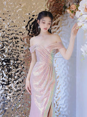 Pretty Mermaid Off The Shoulder Pink Sequin Long Evening Dress Prom Dresses SD2782