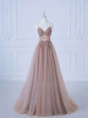 Pretty A line Spaghetti Straps Tulle Long Length Evening Dress Prom Dresses SD2783