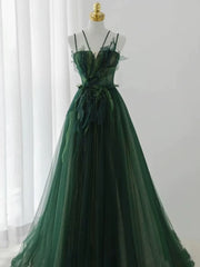 Pretty Ball Gown Spaghetti Straps Tulle Green Long Length Evening Dress Prom Dresses SD2785