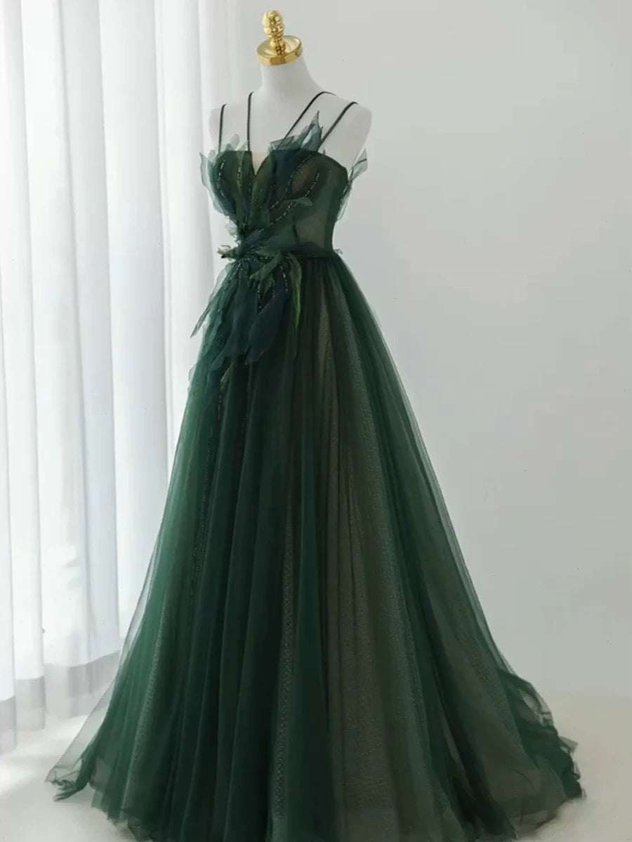 Pretty Ball Gown Spaghetti Straps Tulle Green Long Length Evening Dress Prom Dresses SD2785