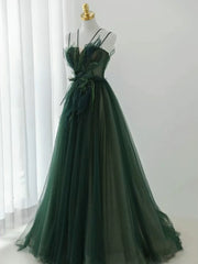 Pretty Ball Gown Spaghetti Straps Tulle Green Long Length Evening Dress Prom Dresses SD2785