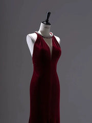 Pretty Mermaid Burgundy Velvet Long Backless Evening Dress Prom Dresses SD2786