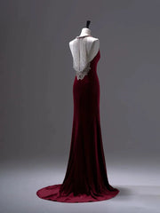 Pretty Mermaid Burgundy Velvet Long Backless Evening Dress Prom Dresses SD2786