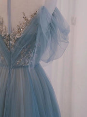 Pretty A Line Off The Shoulder Blue Tulle Long Length Evening Dress Prom Dresses SD2790