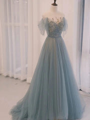 Pretty A Line Off The Shoulder Blue Tulle Long Length Evening Dress Prom Dresses SD2790