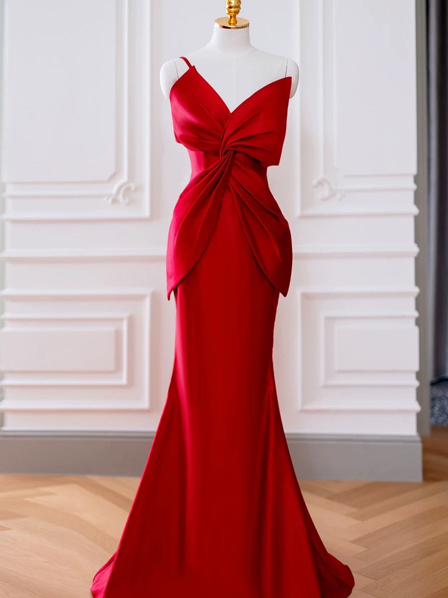 Pretty Mermaid One Shoulder Red Satin Long Evening Dress Prom Dresses SD2791