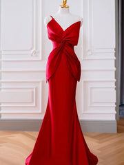 Pretty Mermaid One Shoulder Red Satin Long Evening Dress Prom Dresses SD2791