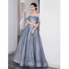 Pretty A Line Off The Shoulder Blue Sequin Tulle Long Length Evening Dress Prom Dresses SD2793