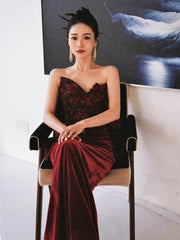 Pretty Mermaid Sweetheart Wine Red Velvet Long Evening Dress Prom Dresses SD2794