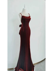 Pretty Mermaid Spaghetti Straps Wine Red Velvet Long Evening Dress Prom Dresses SD2797