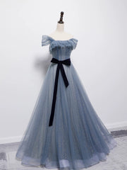 Vintage Ball Gown Off The Shoulder Blue Tulle Long Prom Gown Fairy Prom Dresses SD2798
