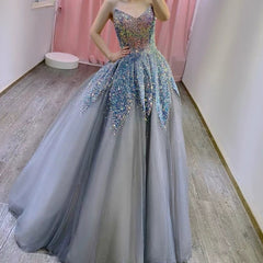 Gorgeous Balll Gown Sweetheart Blue Sequin Tulle Long Evening Dress Prom Dresses SD2799