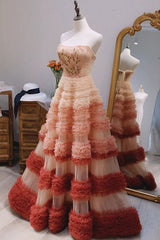Gorgeous Balll Gown Strapless Tulle Pink Ruffles Long Evening Dress Prom Dresses SD2801