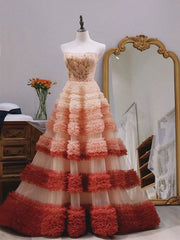 Gorgeous Balll Gown Strapless Tulle Pink Ruffles Long Evening Dress Prom Dresses SD2801