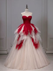 Gorgeous Balll Gown Sweetheart Red Tulle Ruffles Long Evening Dress Prom Dresses SD2802