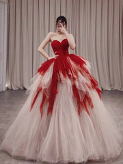 Gorgeous Balll Gown Sweetheart Red Tulle Ruffles Long Evening Dress Prom Dresses SD2802