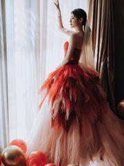 Gorgeous Balll Gown Sweetheart Red Tulle Ruffles Long Evening Dress Prom Dresses SD2802