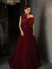 Vintage Ball Gown Strapless Burgundy Tulle Long Prom Gown Fairy Prom Dresses SD2808