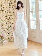 Pretty A Line Spaghetti Straps White Lace Long Length Evening Dress Prom Dresses SD2810