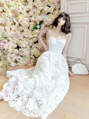 Pretty A Line Spaghetti Straps White Lace Long Length Evening Dress Prom Dresses SD2810