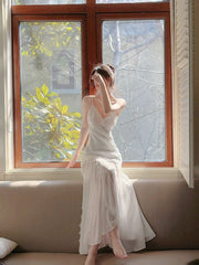 Modest Mermaid Spaghetti Straps White Long Evening Dress Prom Dresses SD2813