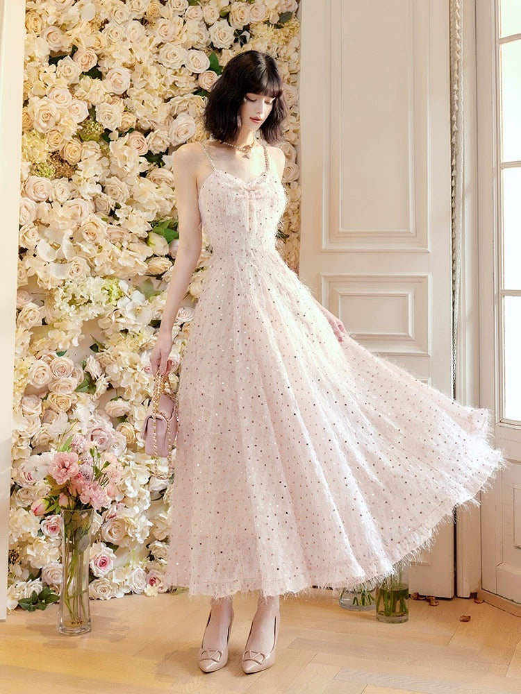 Pretty A Line Spaghetti Straps Pink Ankle Length Evening Dress Prom Dresses SD2817