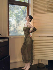 Sexy Sheath Spaghetti Straps Green Ruffles Long Evening Dress Lace Prom Dresses SD2819