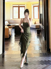 Sexy Sheath Spaghetti Straps Green Ruffles Long Evening Dress Lace Prom Dresses SD2819