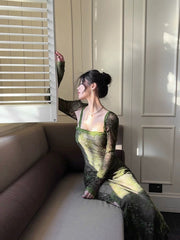 Sexy Sheath Spaghetti Straps Green Ruffles Long Evening Dress Lace Prom Dresses SD2819