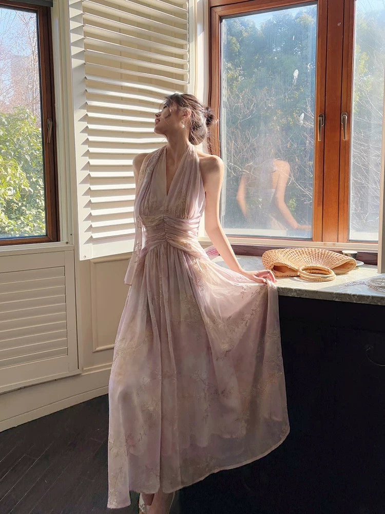 Pretty A Line Halter Pink Chiffon Floral Ankle Length Evening Dress Prom Dresses SD2821