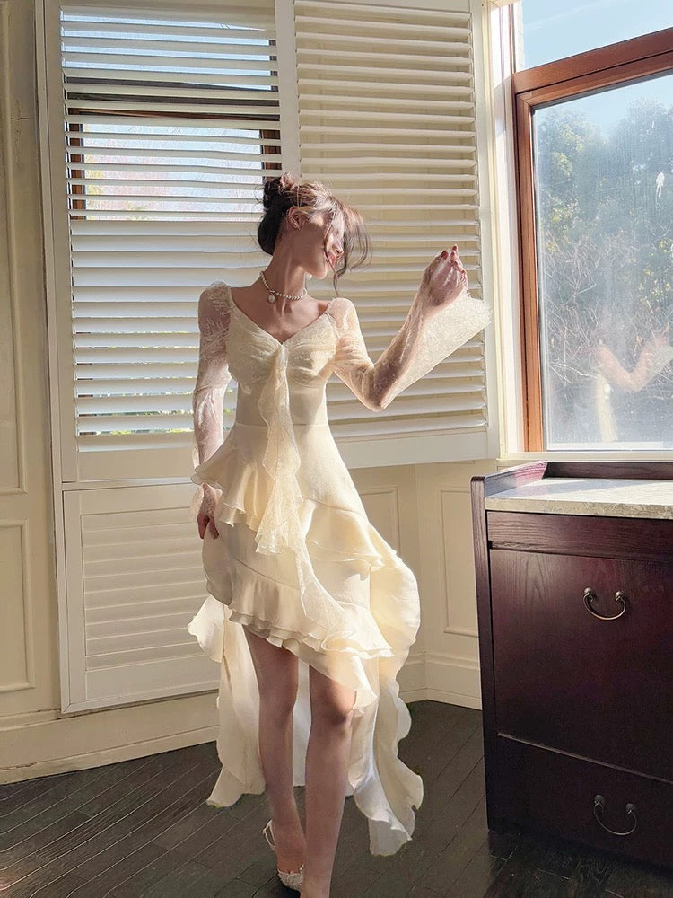 Sexy High Low V Neckline White Lace Ruffles Long Evening Dress Lace Prom Dresses SD2822