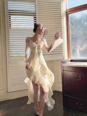 Sexy High Low V Neckline White Lace Ruffles Long Evening Dress Lace Prom Dresses SD2822