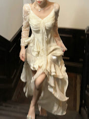 Sexy High Low V Neckline White Lace Ruffles Long Evening Dress Lace Prom Dresses SD2822