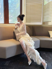 Sexy High Low V Neckline White Lace Ruffles Long Evening Dress Lace Prom Dresses SD2822