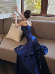 Retro Mermaid Spaghetti Straps Royal Blue Long Length Evening Dress Prom Dresses SD2824
