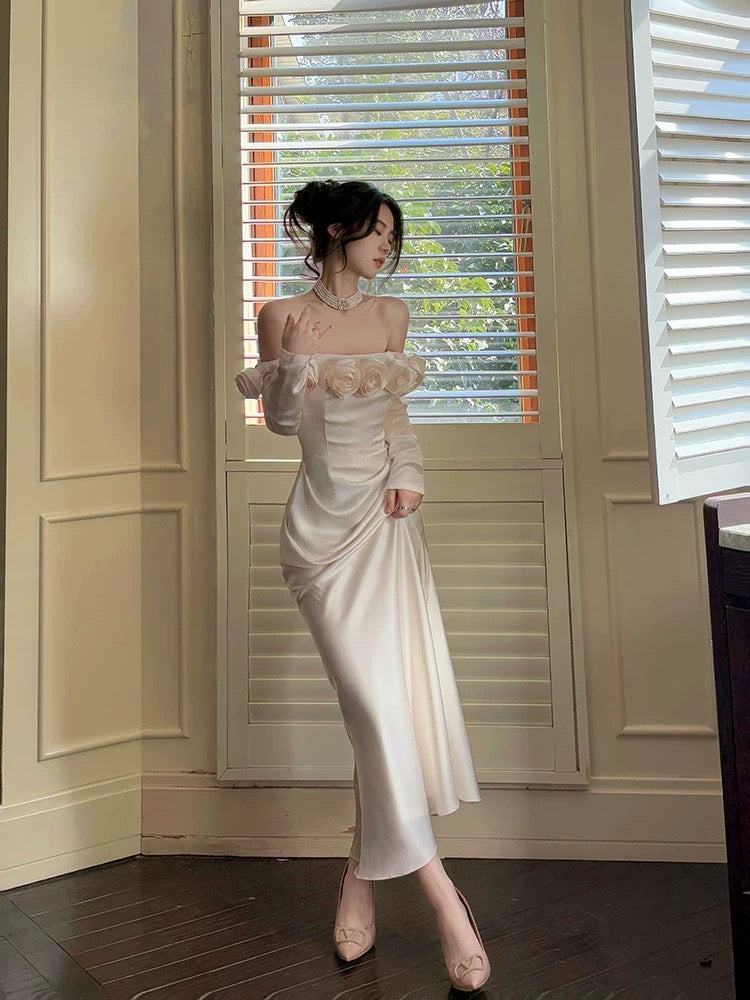 Sexy Mermaid Off The Shoulder Flowers Satin Long Evening Dress Prom Dresses SD2826