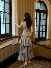 Retro Mermaid Spaghetti Straps Gray Long Length Evening Dress Prom Dresses SD2827