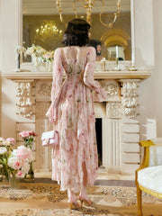 Pretty A Line Sweetheart Long Sleeves Pink Floral Chiffon Ankle Length Evening Dress Prom Dresses SD2830