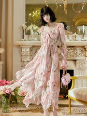 Pretty A Line Sweetheart Long Sleeves Pink Floral Chiffon Ankle Length Evening Dress Prom Dresses SD2830