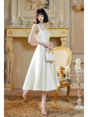 Sexy Sheath Square Neckline White Evening Dress Lace Prom Dresses SD2833