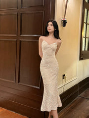 Pretty Mermaid Spaghetti Straps Sequin Ankle Length Evening Dress Prom Dresses SD2834