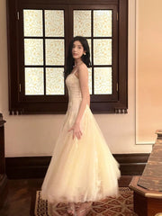 Pretty A Line Spaghetti Straps Tulle Chamapgne Ankle Length Evening Dress Prom Dresses SD2837